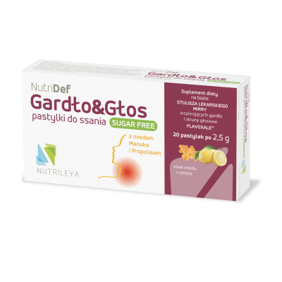 NutriDef Gardło i Głos Bez Cukru o smaku miodu i cytryny 20 pastylek Nutrileya - 8055728151604.jpg